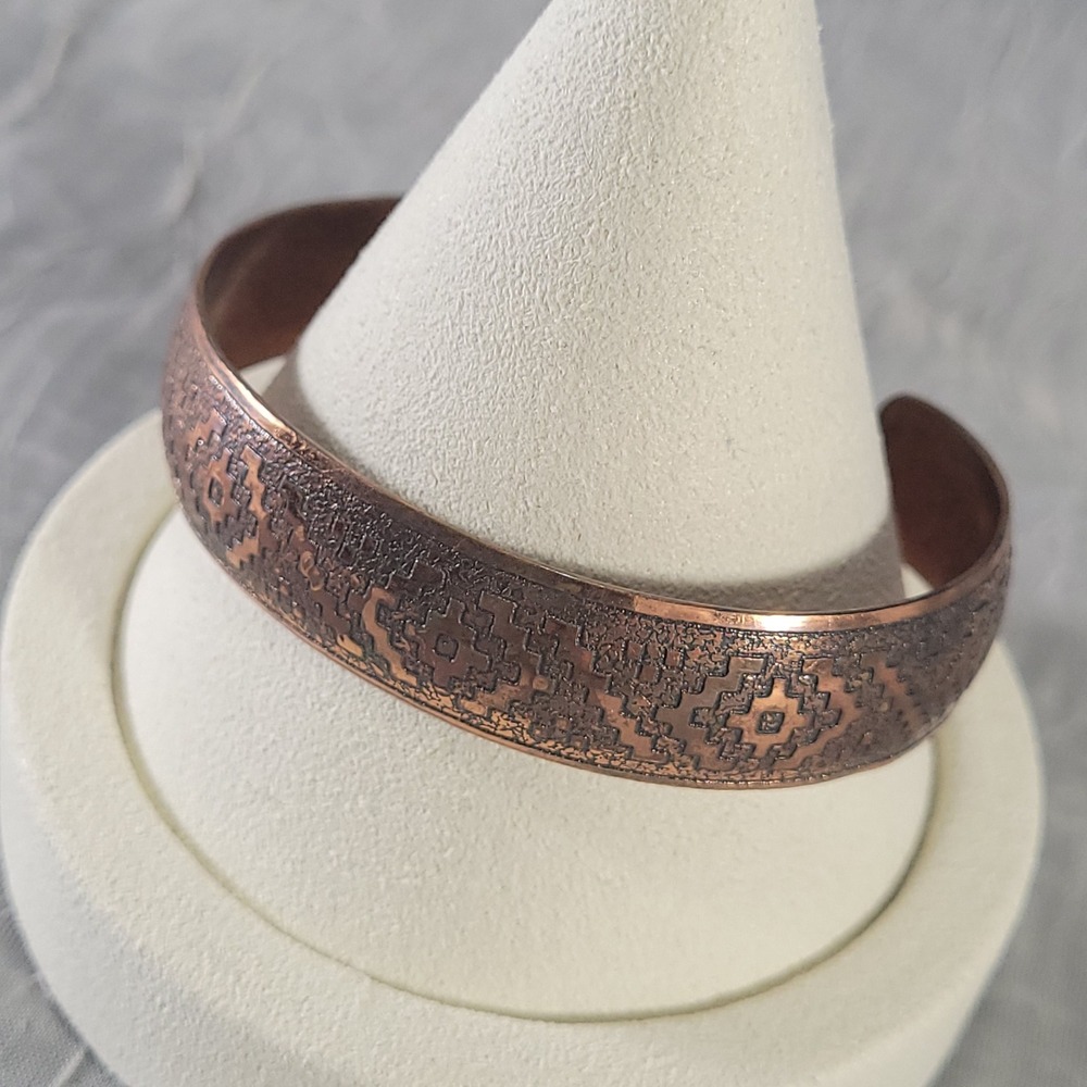 Copper Cuff Bracelet Etched Geometric Tribal Pattern 6.5 Inch Unisex